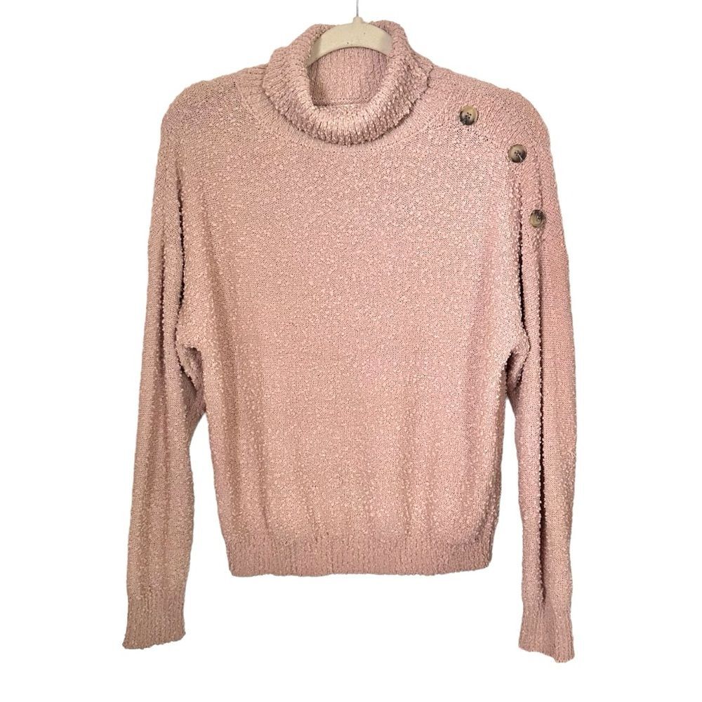 Mine Womens Sz M Pink Rose Turtleneck Sweater Button Accents Soft Textured